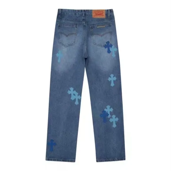 P220 model number: H258 Chrome HeartsSS22 Chrome Hearts Miami limited cross patch blue cross print jeans Size: S-XL